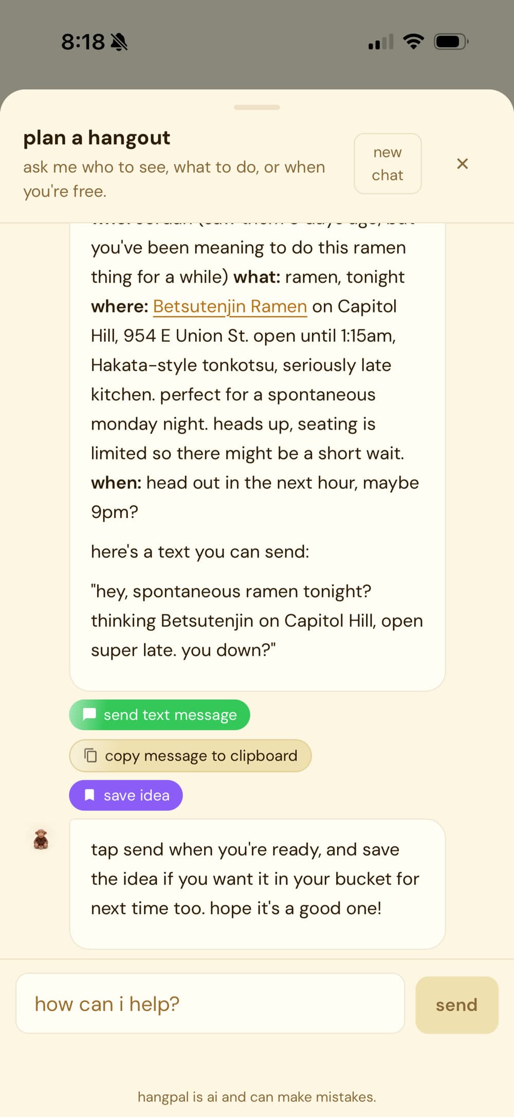 the hangpal plan screen: a drafted invite text written in your own voice, with the suggested place and night, ready to edit and send from your phone